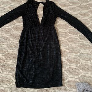 Plunging Black Metallic Long Sleeve Bodycon Dress